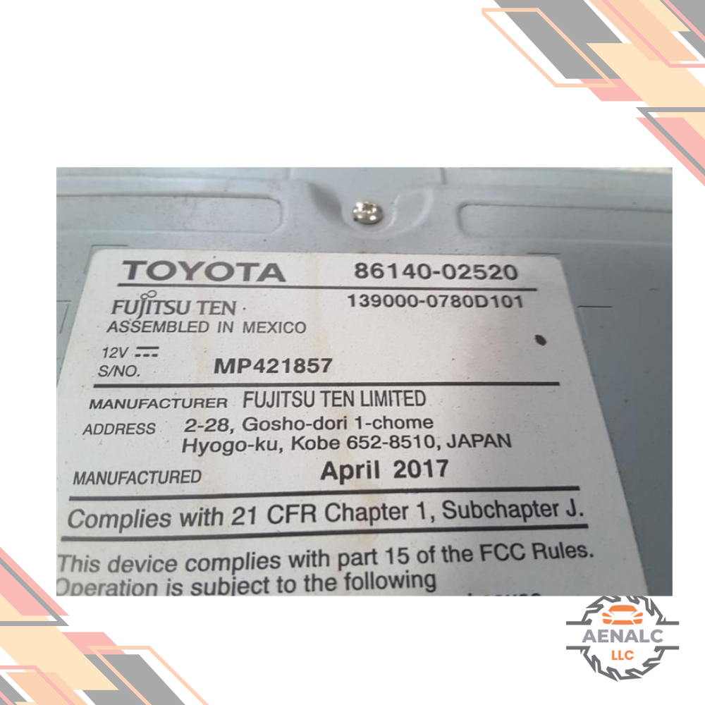 2017–2019 Toyota Corolla Radio Display Receiver 100639 OEM 86140-02520 — view 3