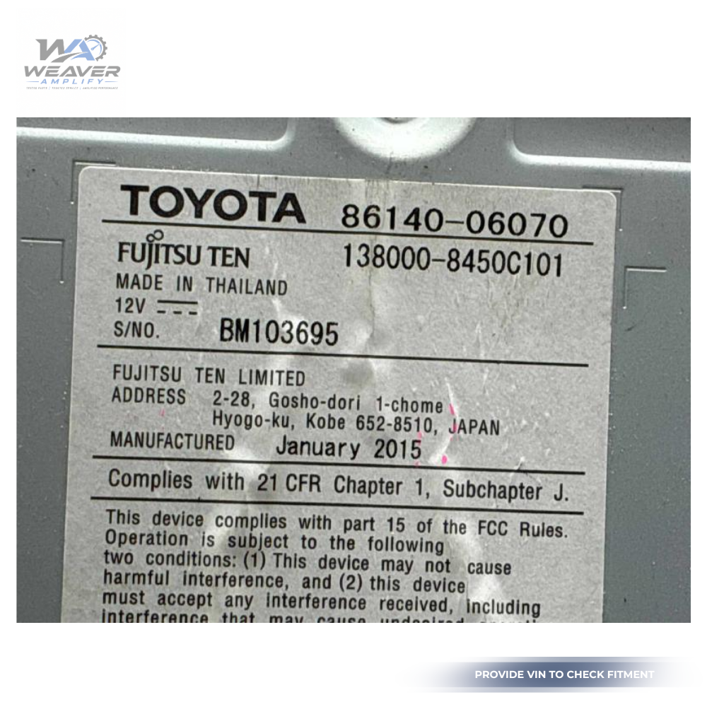 2015 Toyota Camry Radio Touch Screen Display Receiver 100366 OEM 86140 06070 — view 5
