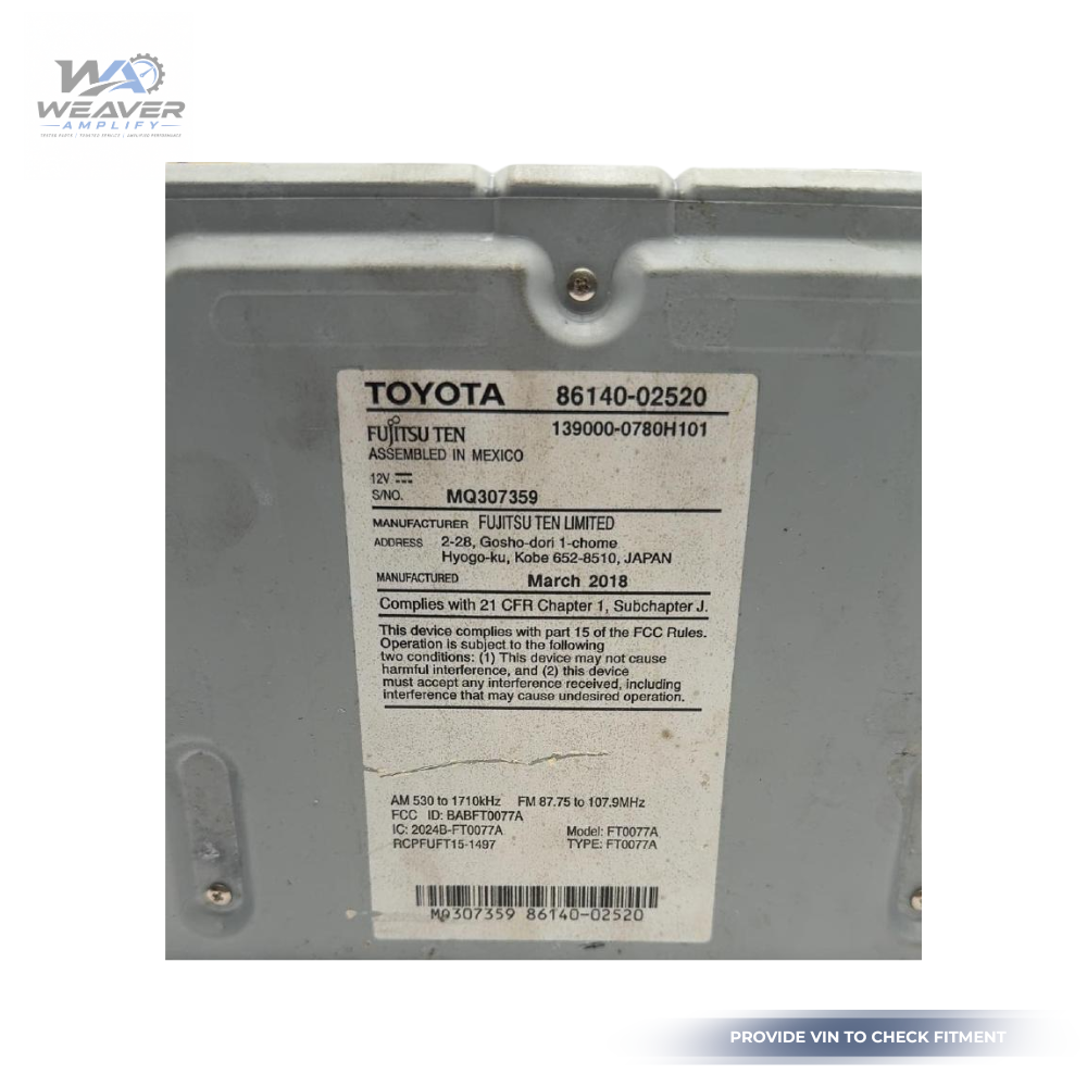 2017–2019 Toyota Corolla Radio Display Receiver 100639 OEM 86140-02520 — view 3