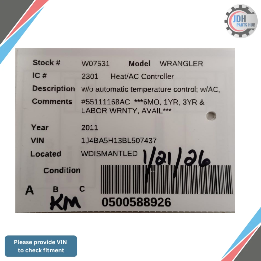 2011–2013 Jeep Wrangler Manual AC Heater Temperature Control OEM — view 2