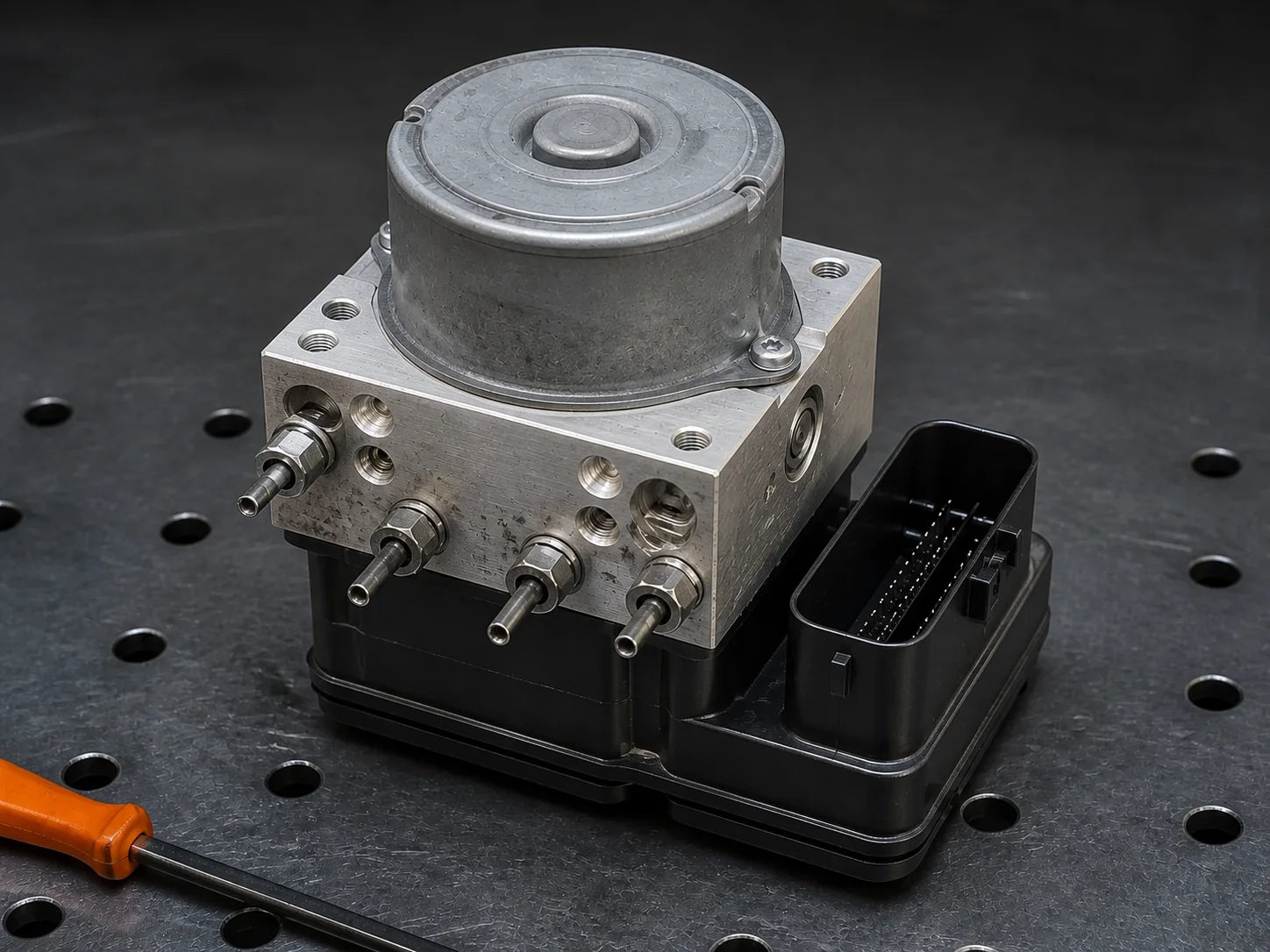 Representative used automotive ABS brake module in a premium workshop setting