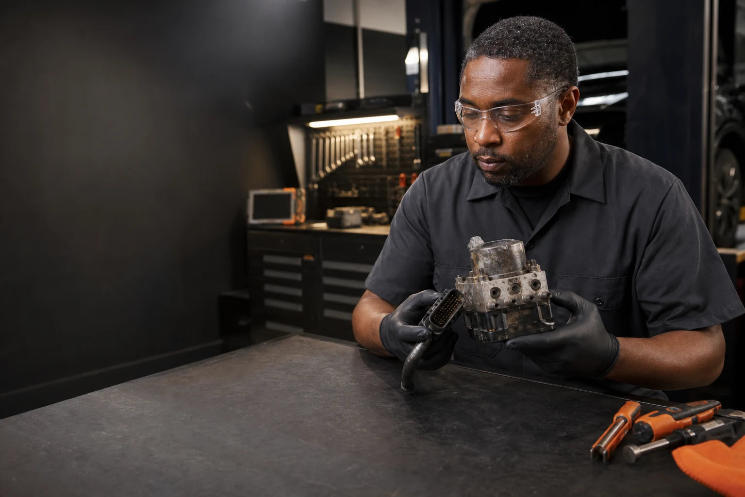 Automotive technician inspecting a used ABS and brake control module with its connector at a repair workbench