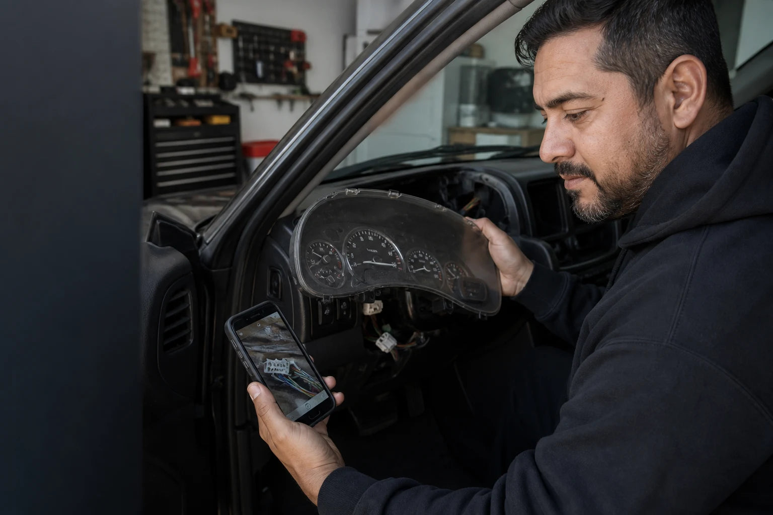 Vehicle owner comparing a used instrument cluster with the dashboard opening and connector layout