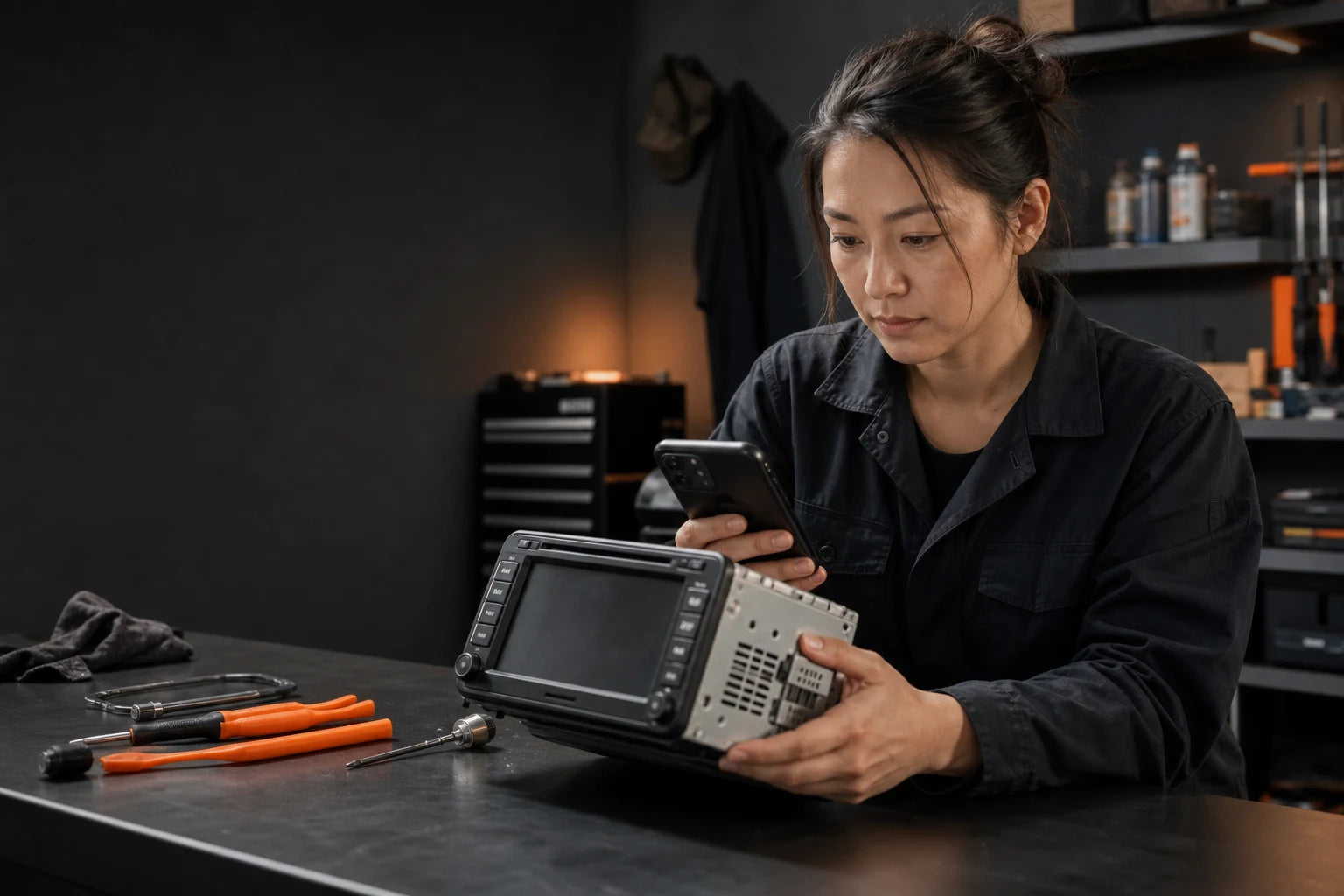 DIY vehicle owner comparing a used OEM radio and display unit with a phone photo at a repair workbench