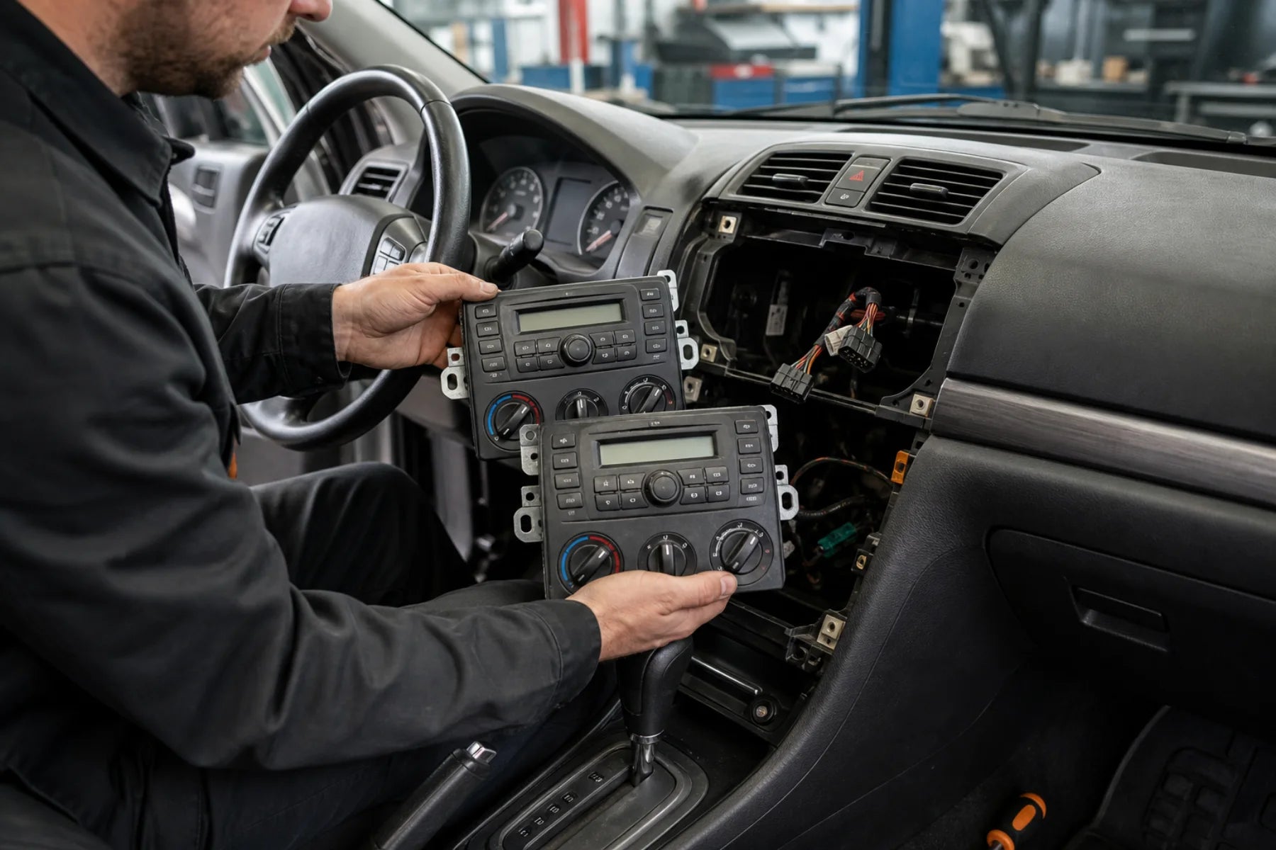 Technician comparing an original automotive control unit with a replacement on a workshop bench