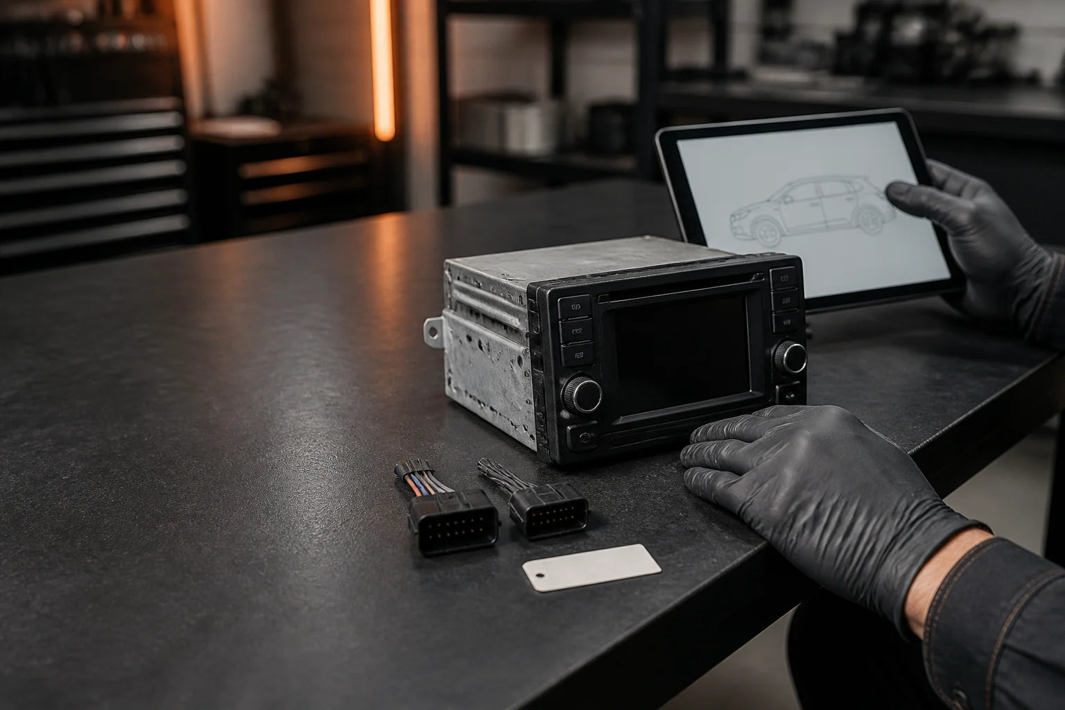 Automotive module connector, label and mounting points being compared on a workbench