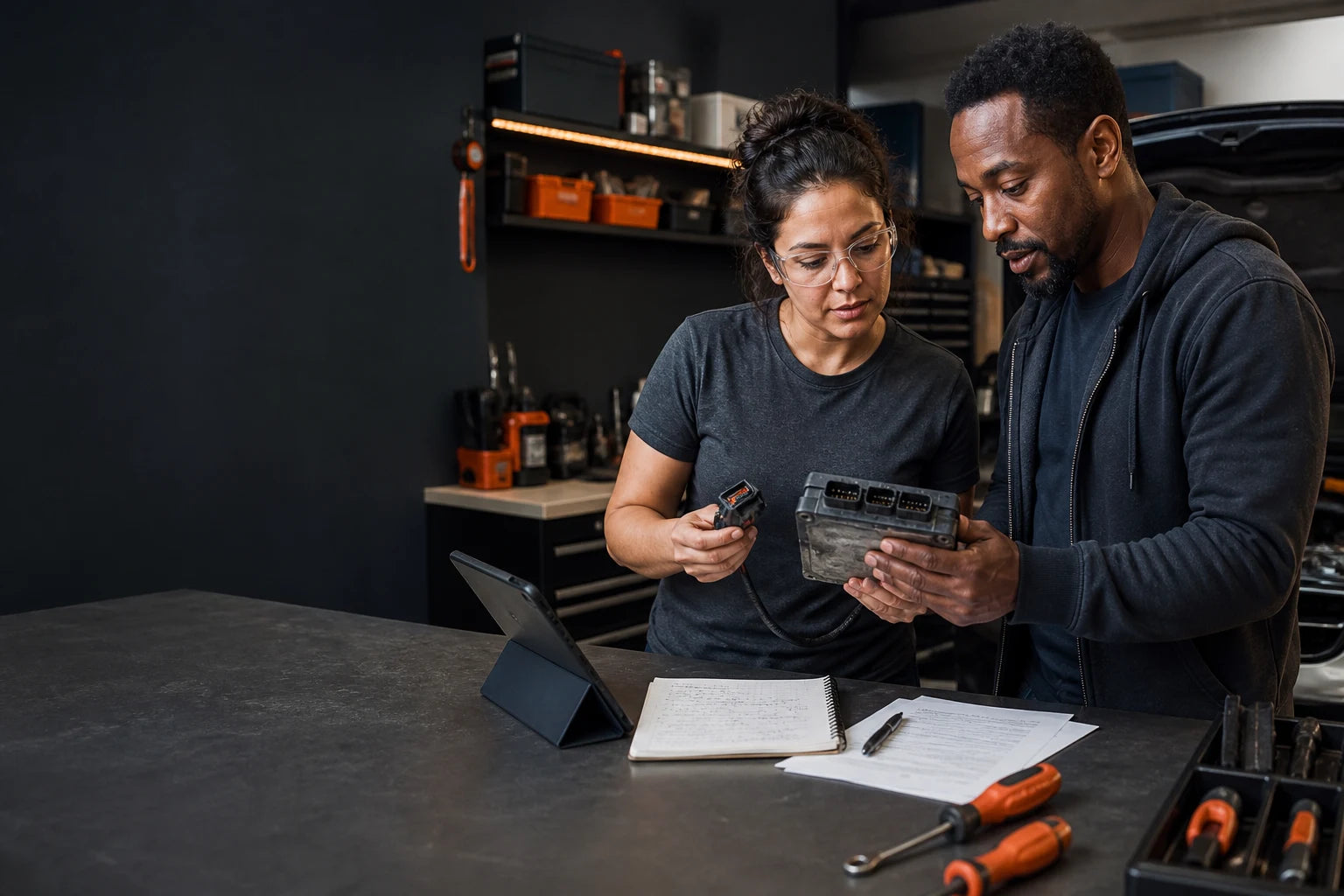 Two people reviewing a used OEM part, connector and vehicle notes together at a repair workbench